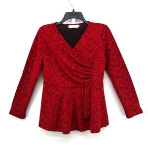 Run Blouse Womens Size 2XL Red Roses Lined V-Neck Long Sleeve Pullover Top